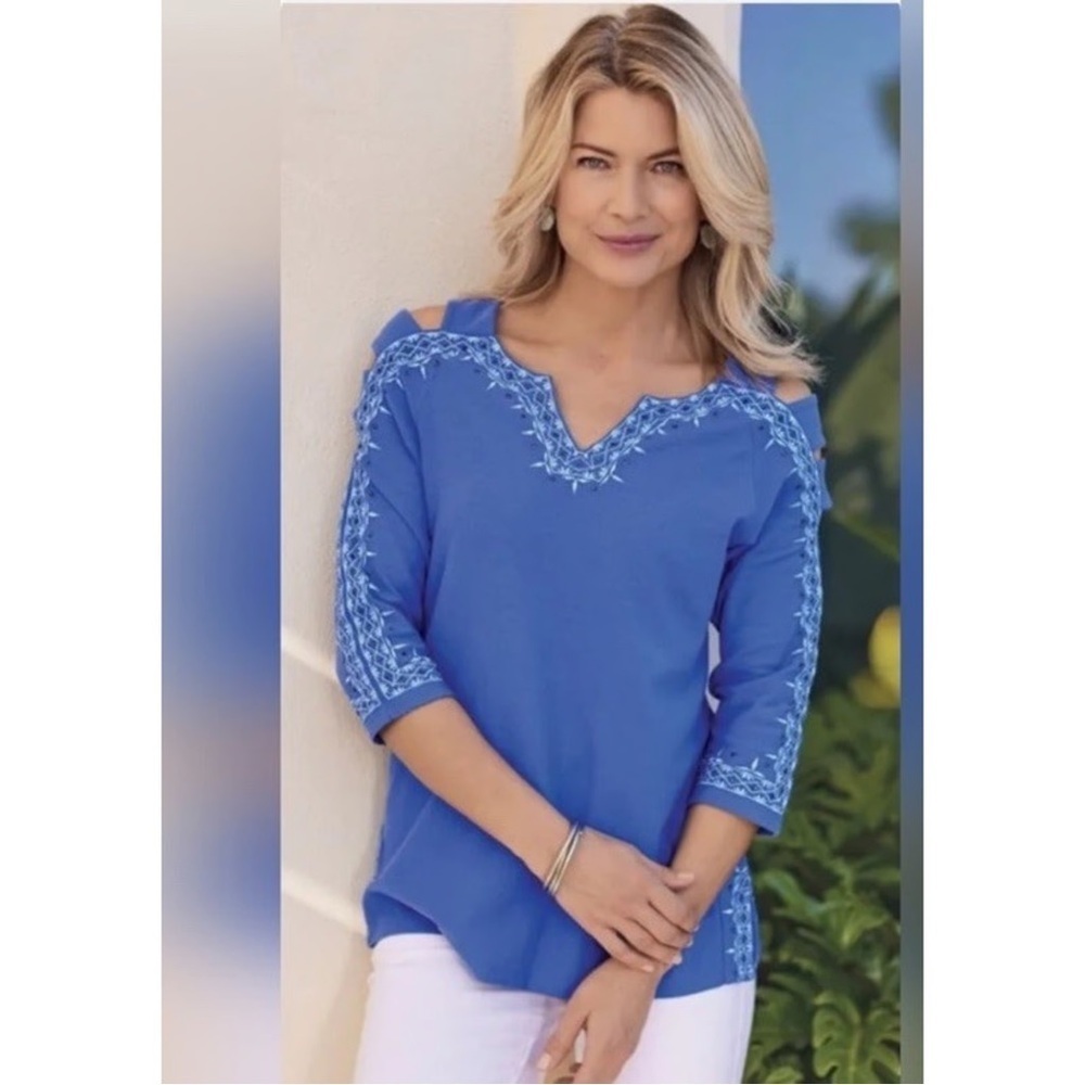 Soft surroundings blue embroidered simpatico beaded top medium